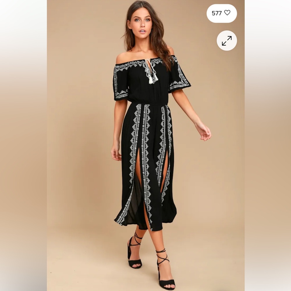 Lulus Ready, Set, Vacation Black Embroidered Off-the-Shoulder Jumpsuit M